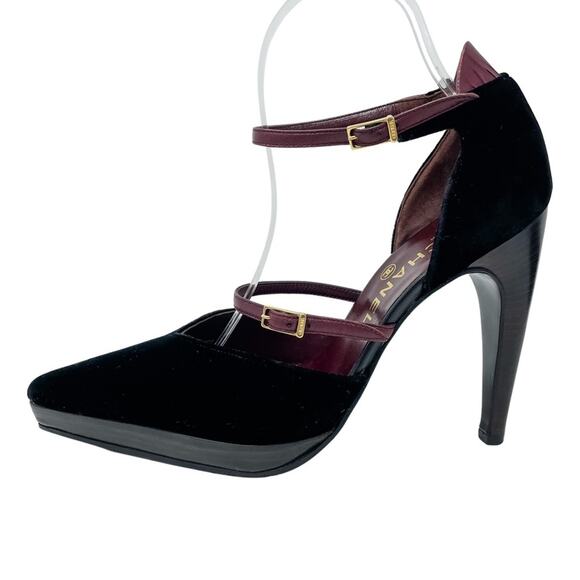 Chanel Vintage Point Toe d’Orsay Velvet & Wood Platform High Heels size 38/US 7 - Picture 1 of 14
